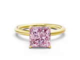 Yellow gold Fancy Pink Princess  Cut Solitaire Ring with Thin Band and Four-Prong Setting