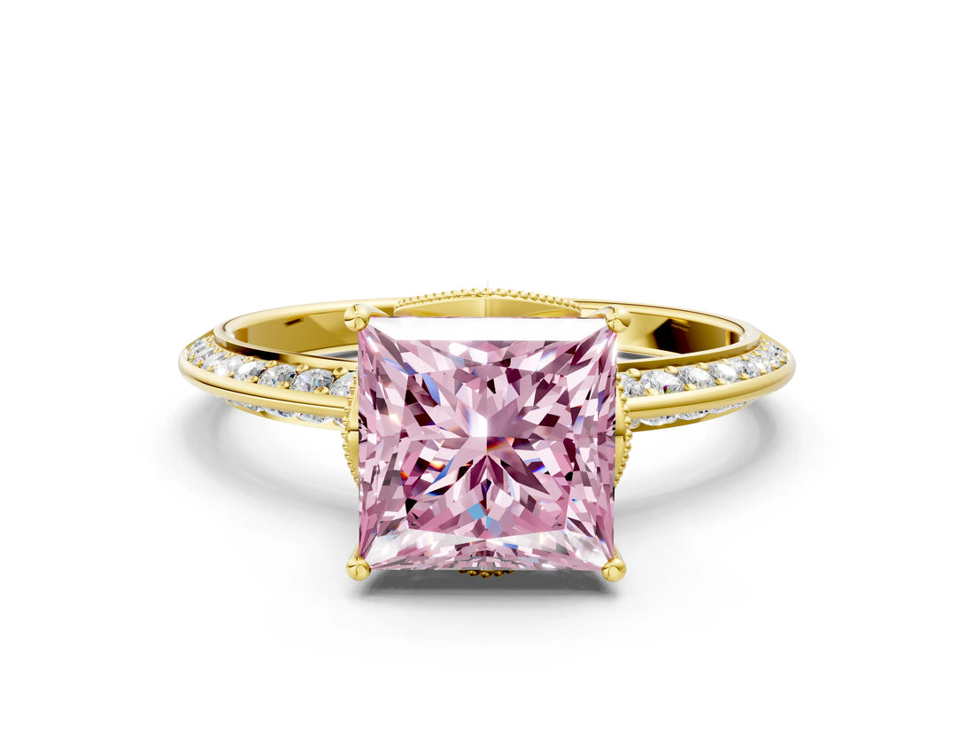 Yellow gold Fancy Pink Princess Cut Solitaire Split Shank Pave Diamond Engagement Ring with Four-Prong Setting