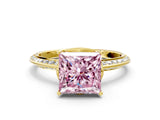 Yellow gold Fancy Pink Princess Cut Solitaire Split Shank Pave Diamond Engagement Ring with Four-Prong Setting