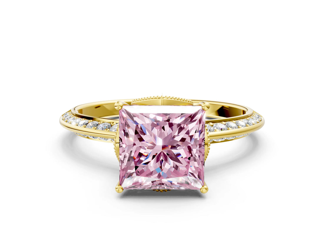 Yellow gold Fancy Pink Princess Cut Solitaire Split Shank Pave Diamond Engagement Ring with Four-Prong Setting_24