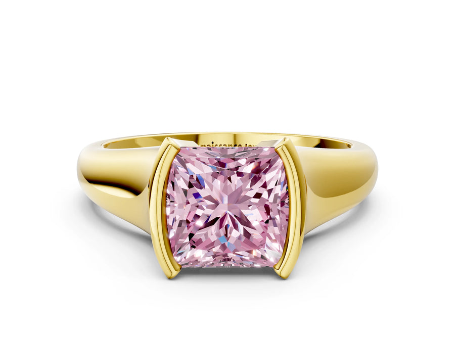 Yellow gold Fancy Pink Princess Cut Solitaire Tension Set Diamond Ring with Split Shank Band