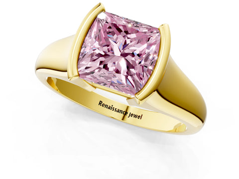 Yellow gold Fancy Pink Princess Cut Solitaire Tension Set Diamond Ring with Split Shank Band_1