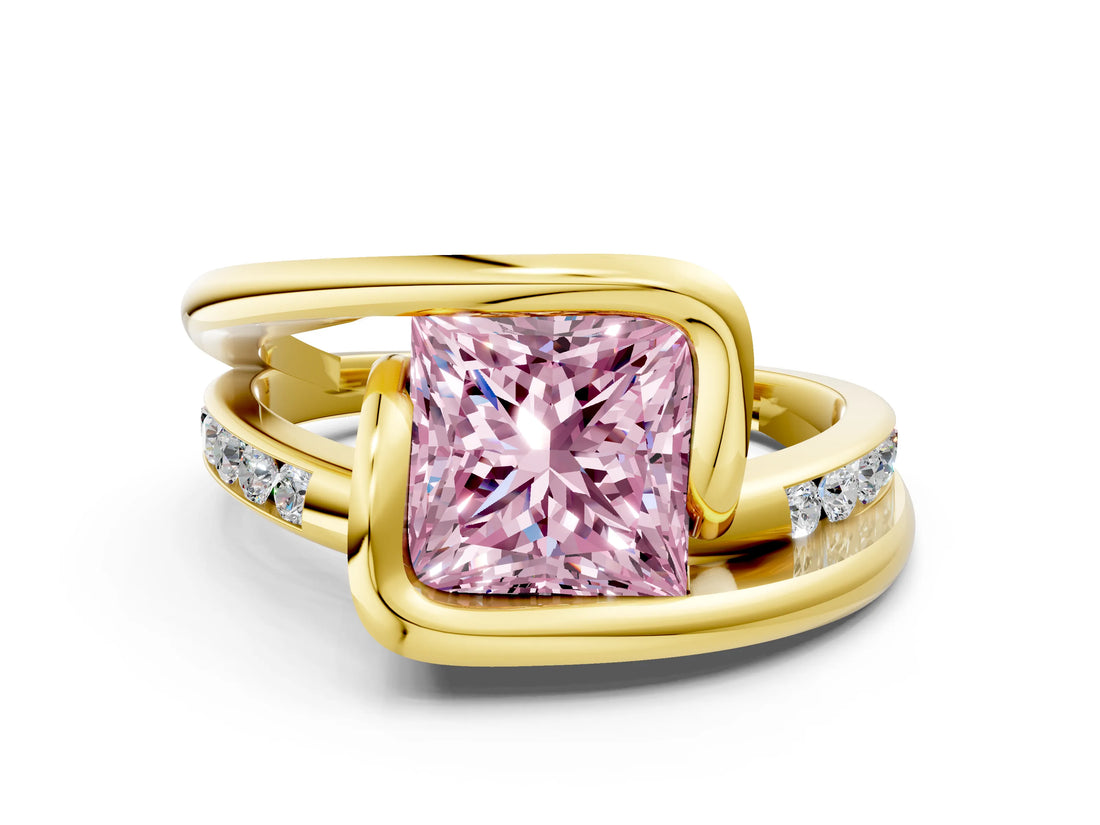 Yellow gold Fancy Pink Princess Cut Solitaire Tension-Set Diamond Split Shank Ring