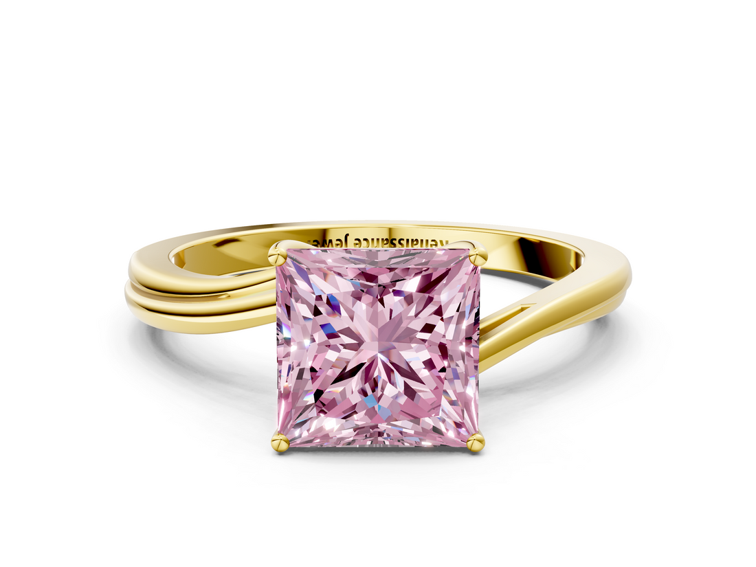 Yellow gold Fancy Pink Princess  Cut Solitaire Twist Band Ring with Four-Prong Setting