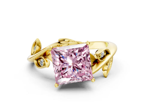 Yellow gold Fancy Pink Princess Cut Solitaire Twist Engagement Ring with Leaf Accents and Prong Setting_12