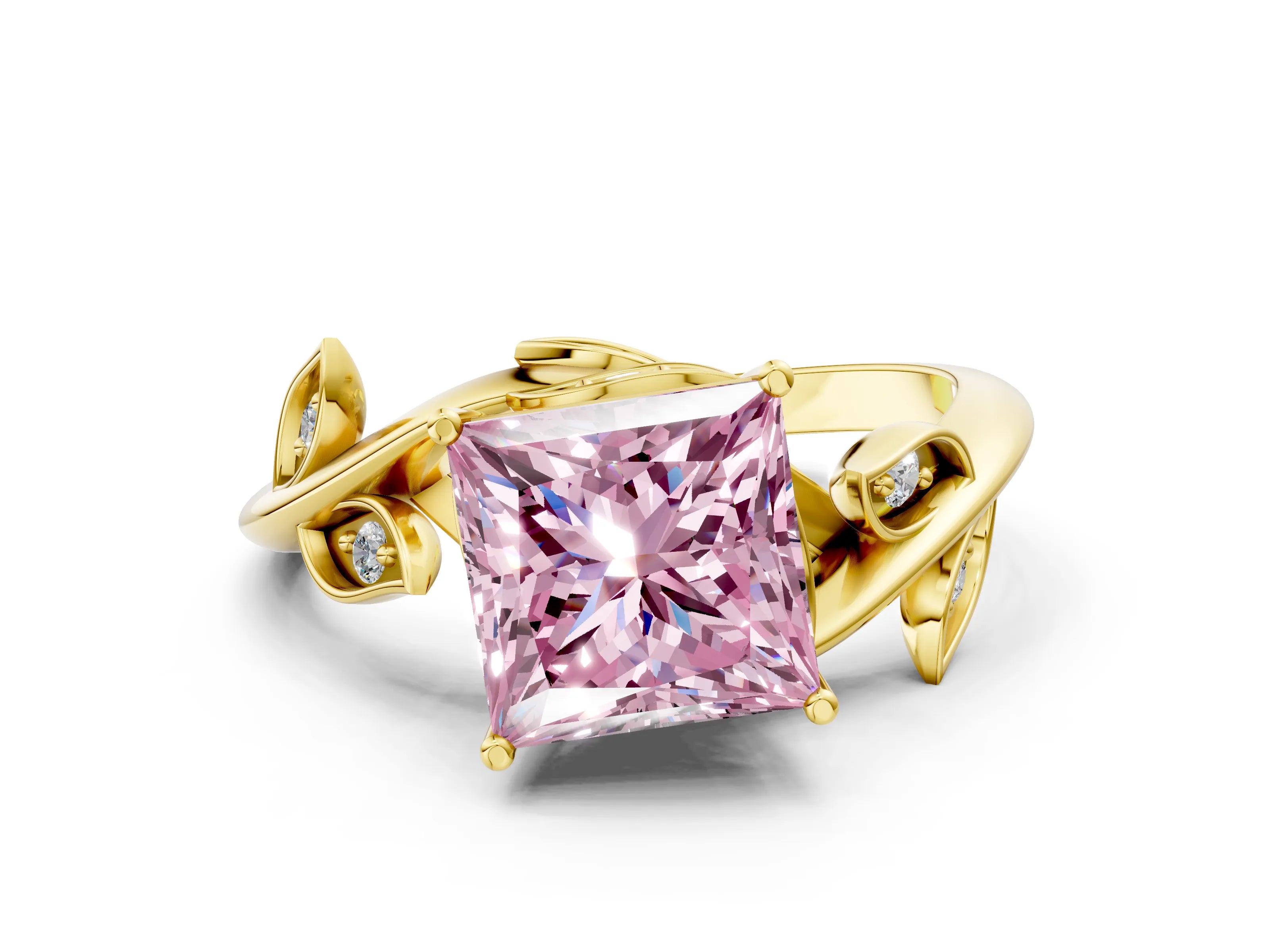 Yellow gold Fancy Pink Princess Cut Solitaire Twist Engagement Ring with Leaf Accents and Prong Setting_13
