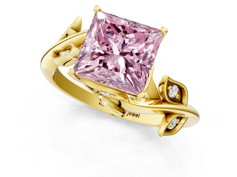 Yellow gold Fancy Pink Princess Cut Solitaire Twist Engagement Ring with Leaf Accents and Prong Setting_14