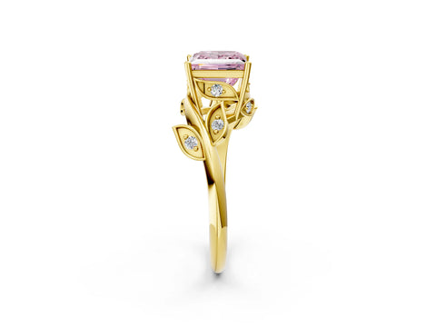 Yellow gold Fancy Pink Princess Cut Solitaire Twist Engagement Ring with Leaf Accents and Prong Setting_15