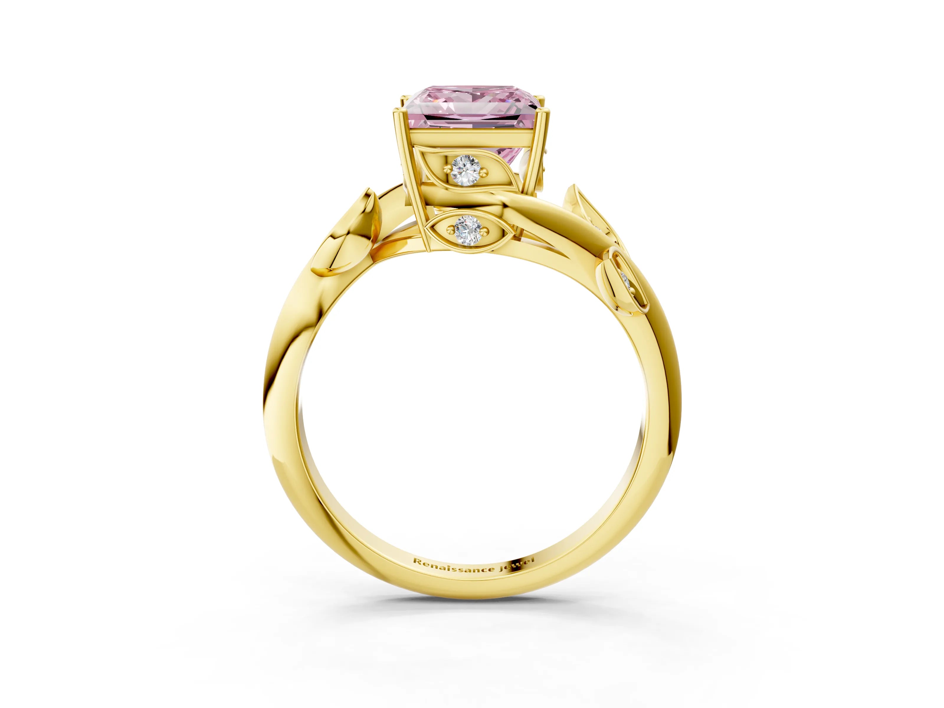 Yellow gold Fancy Pink Princess Cut Solitaire Twist Engagement Ring with Leaf Accents and Prong Setting_16