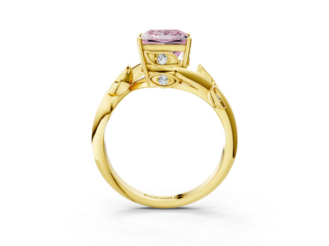 Yellow gold Fancy Pink Princess Cut Solitaire Twist Engagement Ring with Leaf Accents and Prong Setting_16