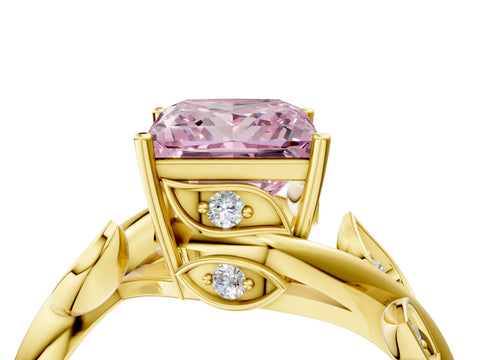 Yellow gold Fancy Pink Princess Cut Solitaire Twist Engagement Ring with Leaf Accents and Prong Setting_16