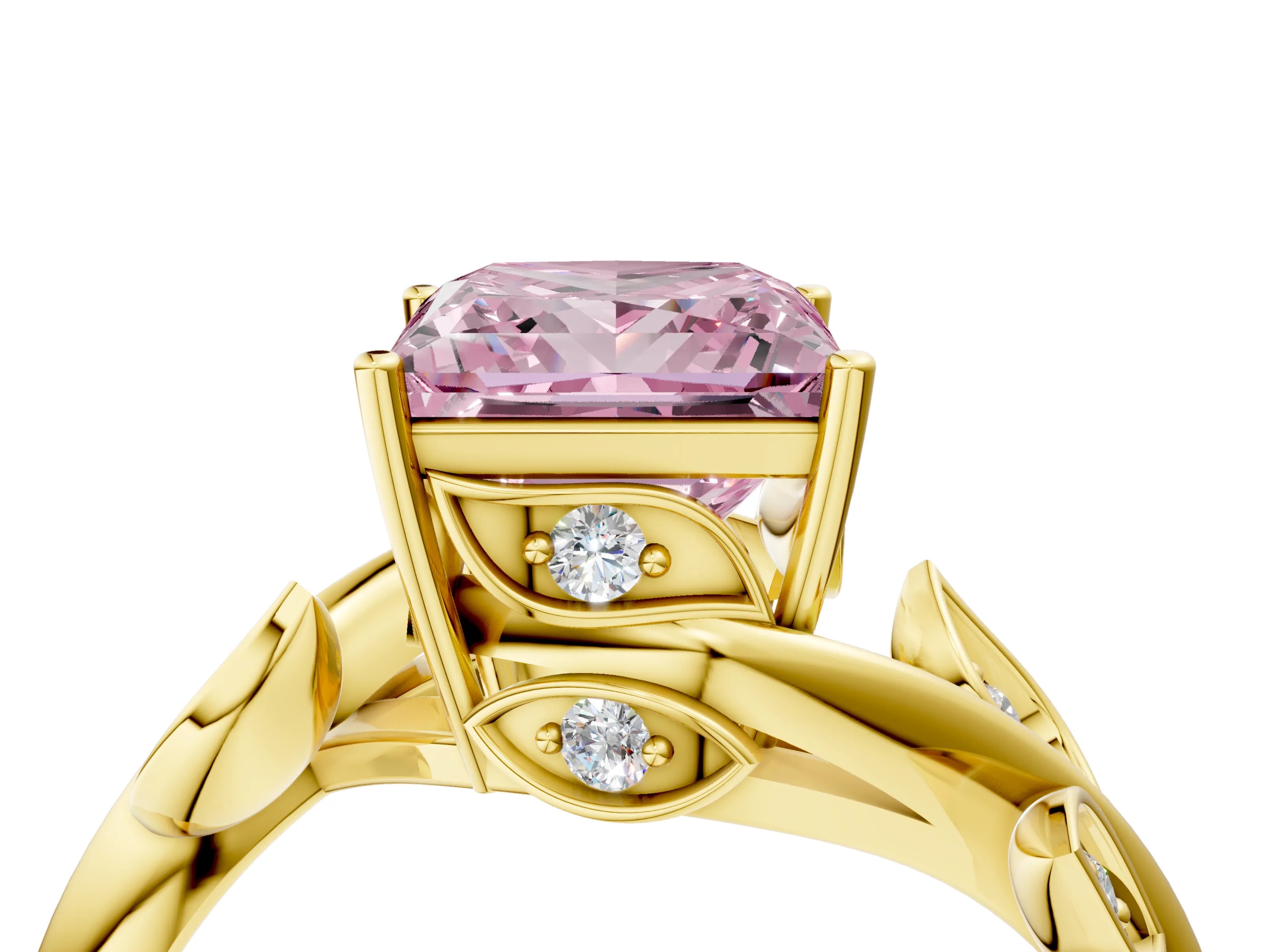 Yellow gold Fancy Pink Princess Cut Solitaire Twist Engagement Ring with Leaf Accents and Prong Setting_17