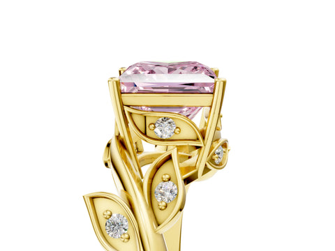 Yellow gold Fancy Pink Princess Cut Solitaire Twist Engagement Ring with Leaf Accents and Prong Setting_18