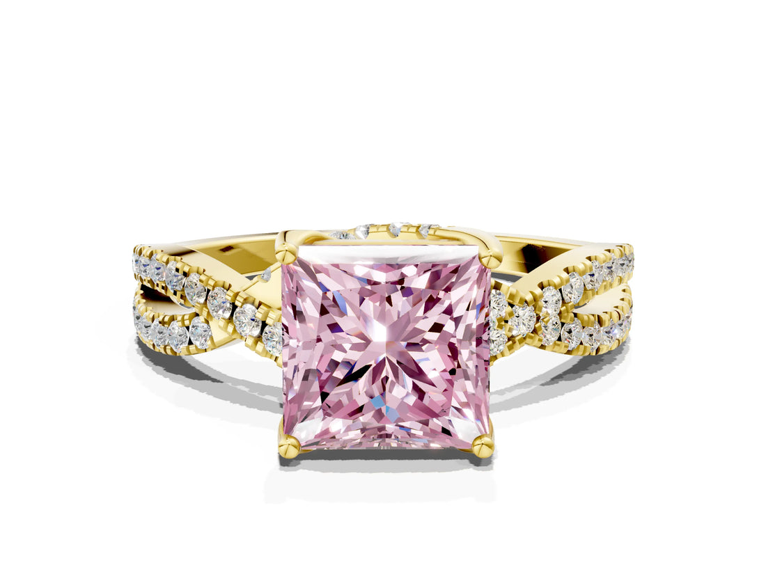 Yellow gold Fancy Pink Princess Cut Solitaire Twist Pave Diamond Engagement Ring with Prong Setting