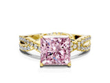 Yellow gold Fancy Pink Princess Cut Solitaire Twist Pave Diamond Engagement Ring with Prong Setting