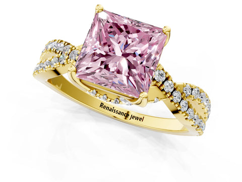 Yellow gold Fancy Pink Princess Cut Solitaire Twist Pave Diamond Engagement Ring with Prong Setting_1