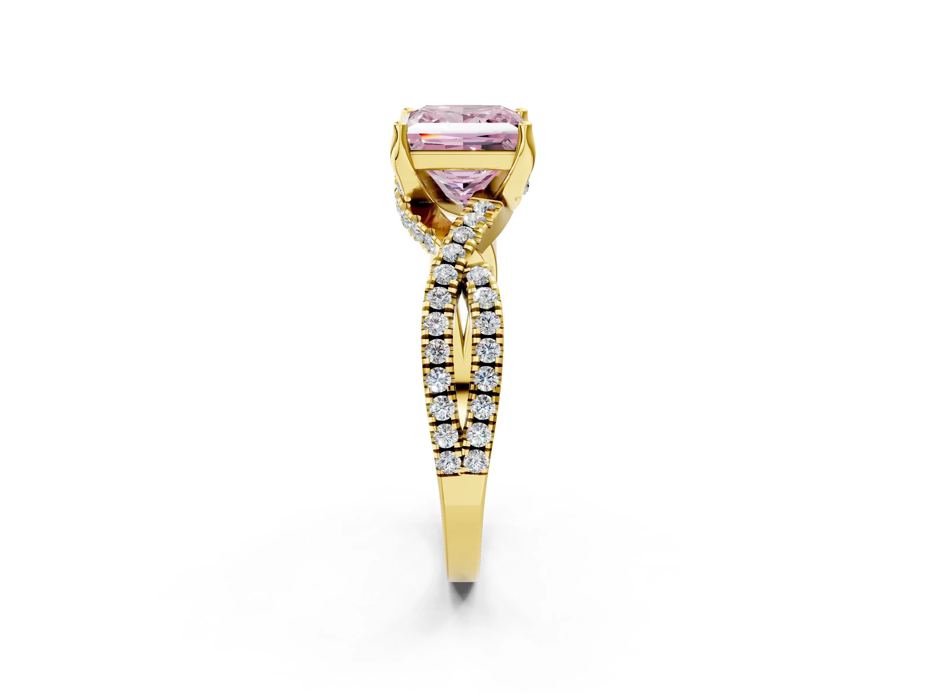 Yellow gold Fancy Pink Princess Cut Solitaire Twist Pave Diamond Engagement Ring with Prong Setting_2