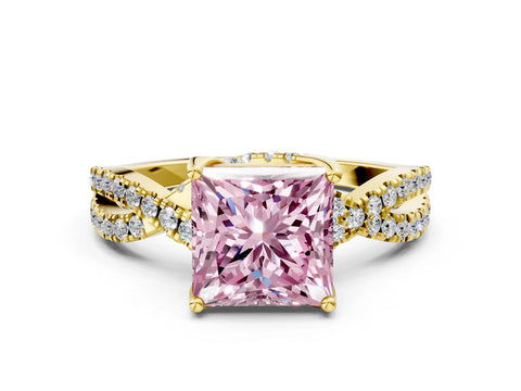 Yellow gold Fancy Pink Princess Cut Solitaire Twist Pave Diamond Engagement Ring with Prong Setting_24