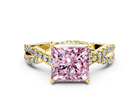 Yellow gold Fancy Pink Princess Cut Solitaire Twist Pave Diamond Engagement Ring with Prong Setting_30