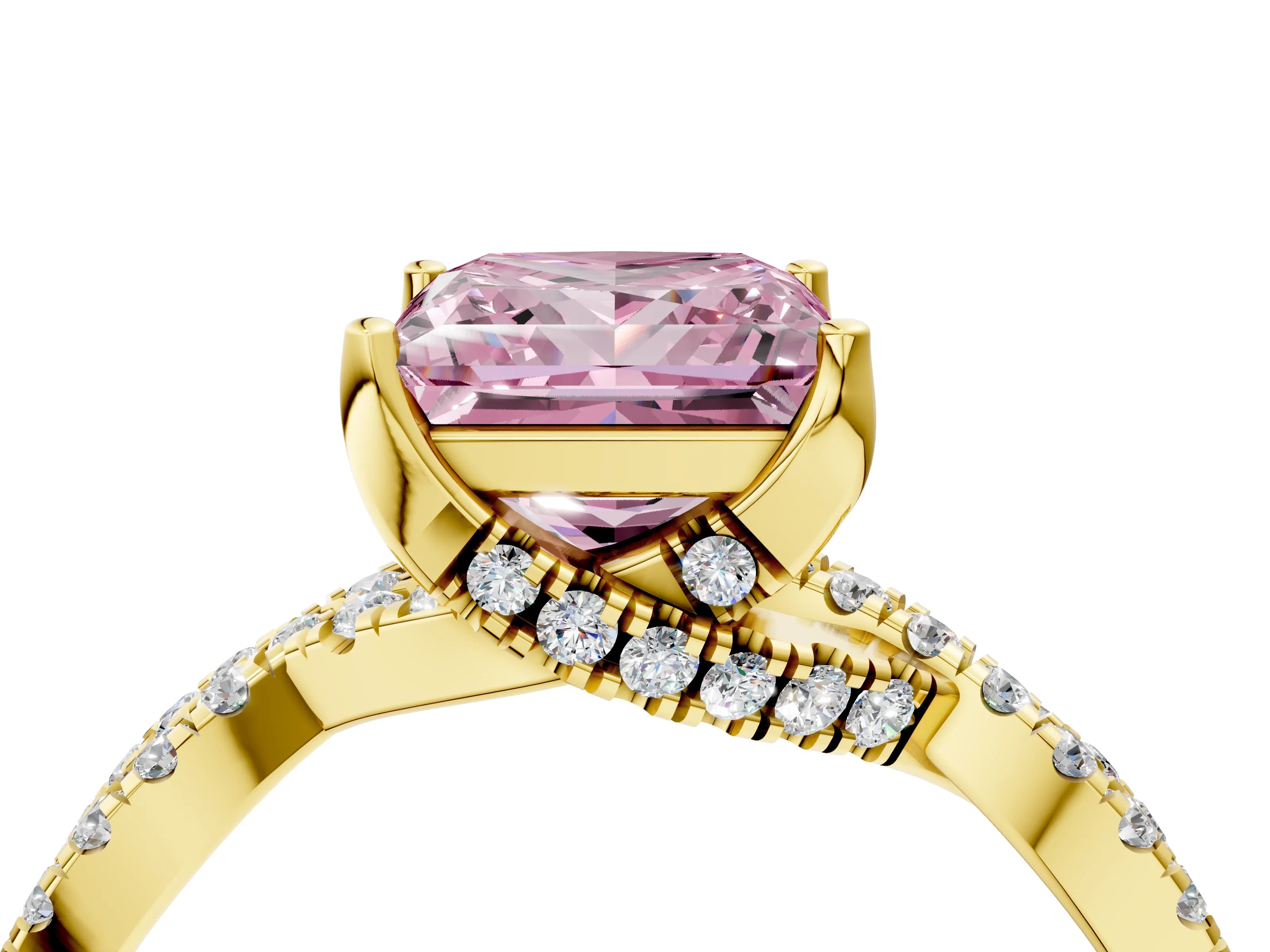 Yellow gold Fancy Pink Princess Cut Solitaire Twist Pave Diamond Engagement Ring with Prong Setting_4