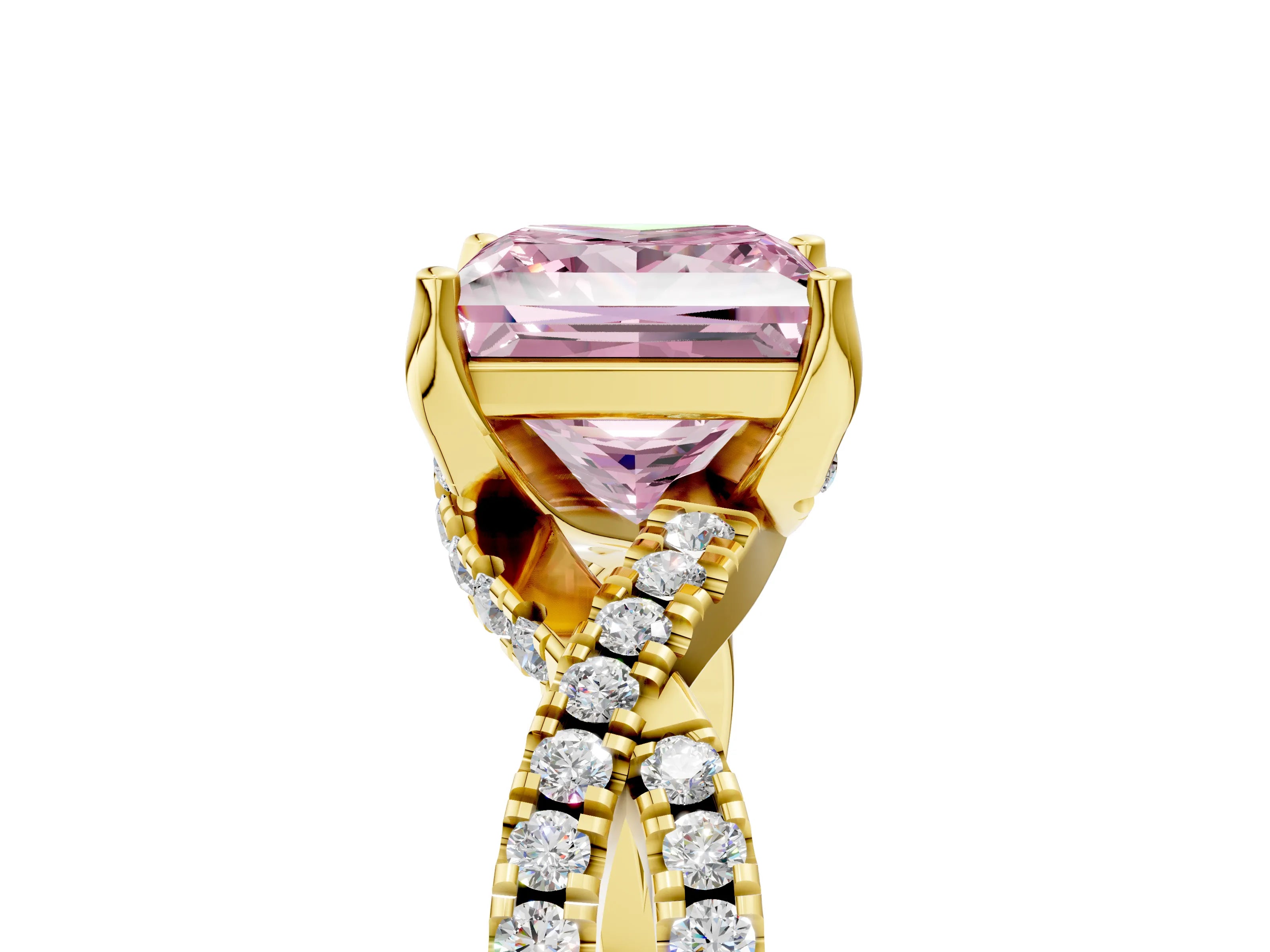 Yellow gold Fancy Pink Princess Cut Solitaire Twist Pave Diamond Engagement Ring with Prong Setting_5