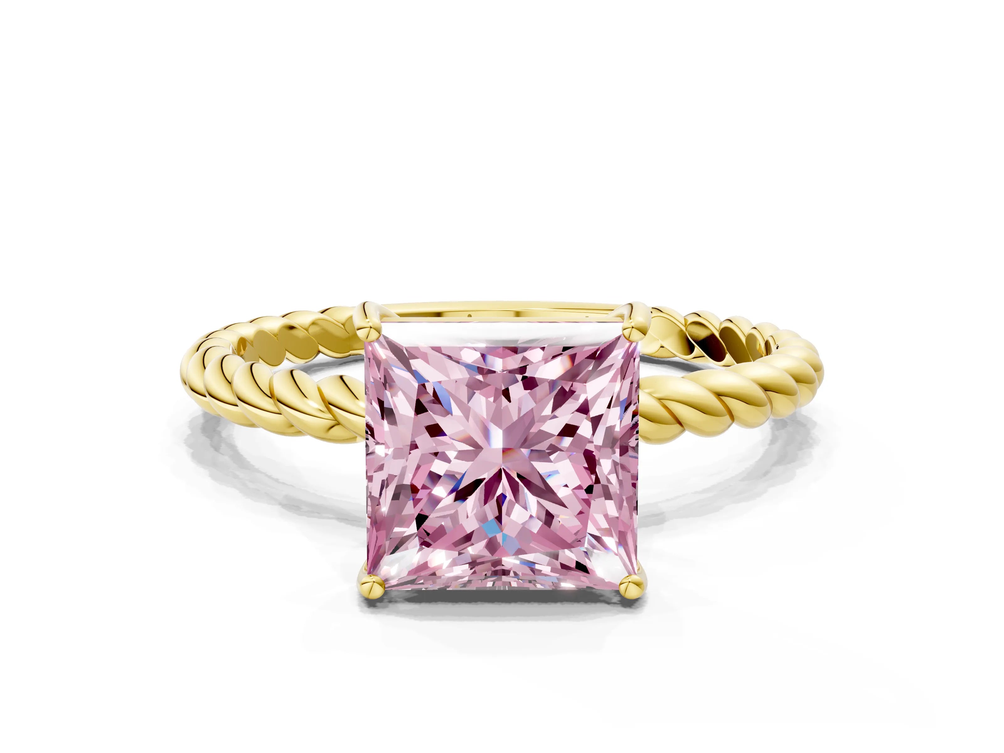 Yellow gold Fancy Pink Princess Cut Solitaire Twisted Band 4-Prong Ring
