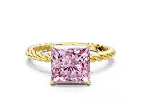 Yellow gold Fancy Pink Princess Cut Solitaire Twisted Band 4-Prong Ring