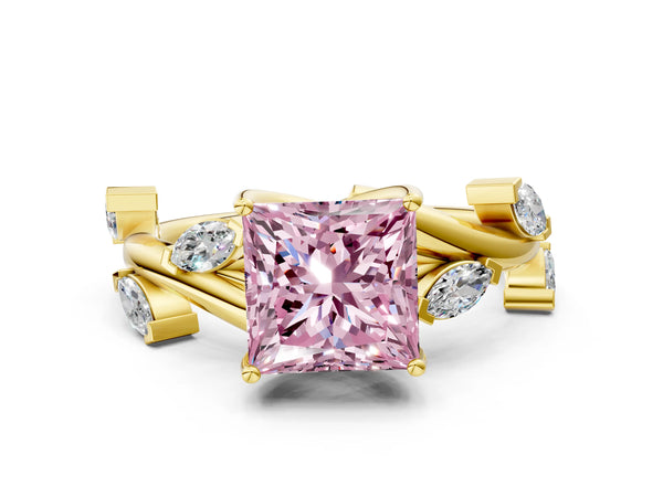 Yellow gold Fancy Pink Princess Cut Solitaire Twisted Band Marquise Accent Prong Setting Ring