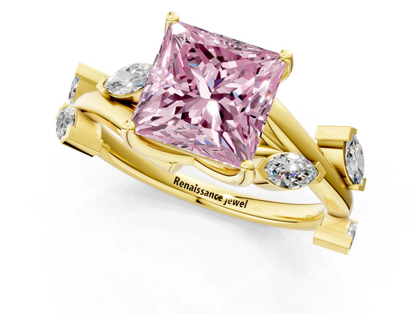 Yellow gold Fancy Pink Princess Cut Solitaire Twisted Band Marquise Accent Prong Setting Ring