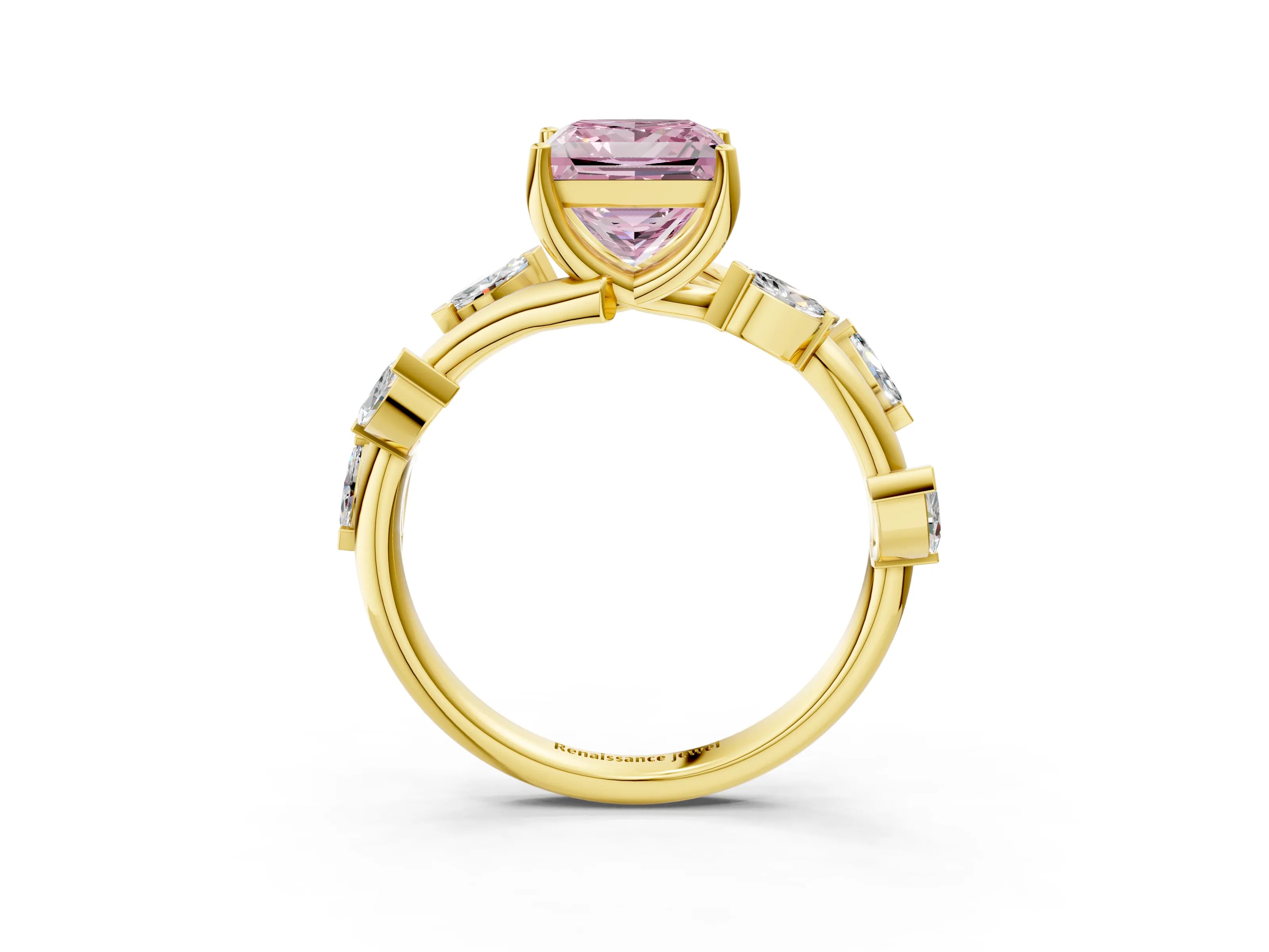 Yellow gold Fancy Pink Princess Cut Solitaire Twisted Band Marquise Accent Prong Setting Ring_3