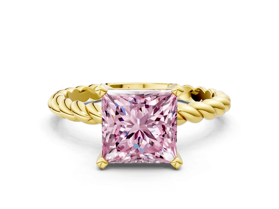 Yellow gold Fancy Pink Princess  Cut Solitaire Twisted Band with Four-Prong Setting_29