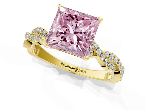 Yellow gold Fancy Pink Princess Cut Solitaire Twisted Pave Band with Four-Prong Setting_4