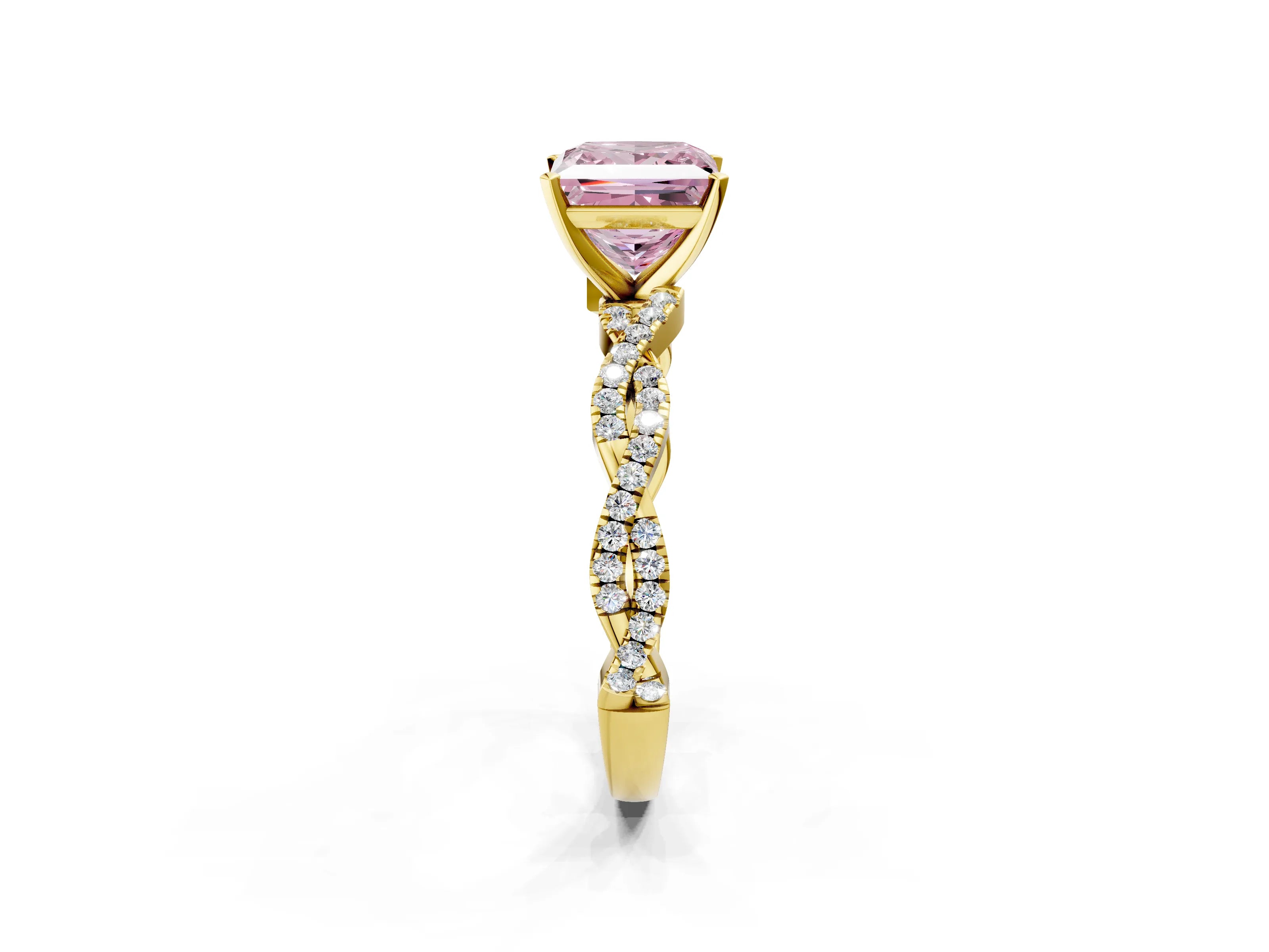 Yellow gold Fancy Pink Princess Cut Solitaire Twisted Pave Band with Four-Prong Setting_5