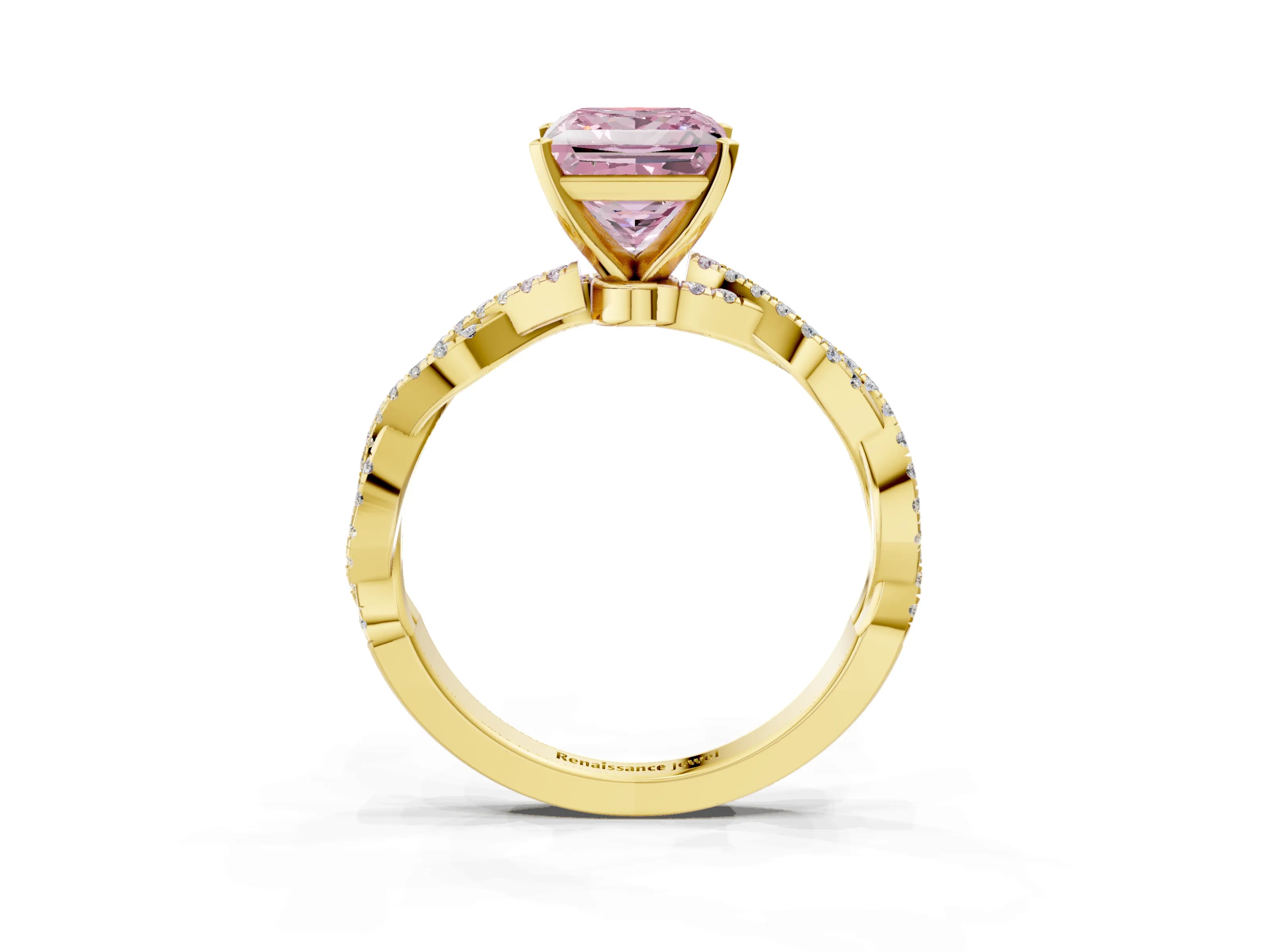 Yellow gold Fancy Pink Princess Cut Solitaire Twisted Pave Band with Four-Prong Setting_6
