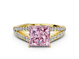 Yellow gold Fancy Pink Princess  Cut Split Shank Pave Diamond Engagement Ring with Four-Prong Setting