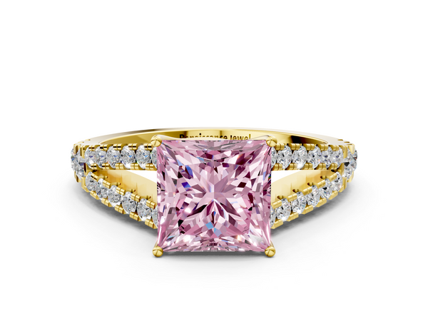 Yellow gold Fancy Pink Princess  Cut Split Shank Pave Diamond Engagement Ring with Four-Prong Setting