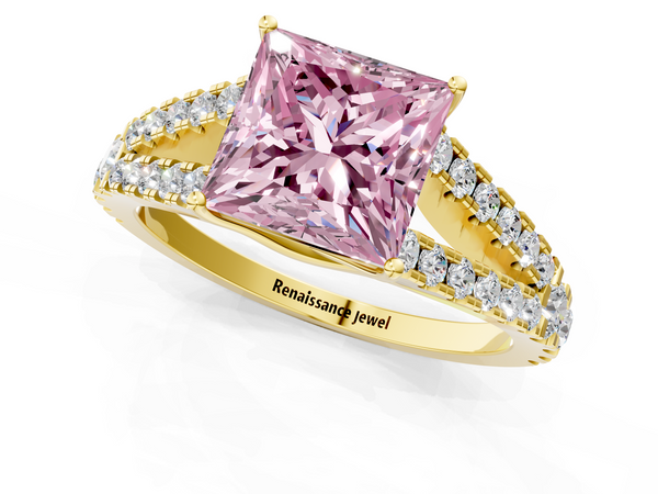 Yellow gold Fancy Pink Princess  Cut Split Shank Pave Diamond Engagement Ring with Four-Prong Setting
