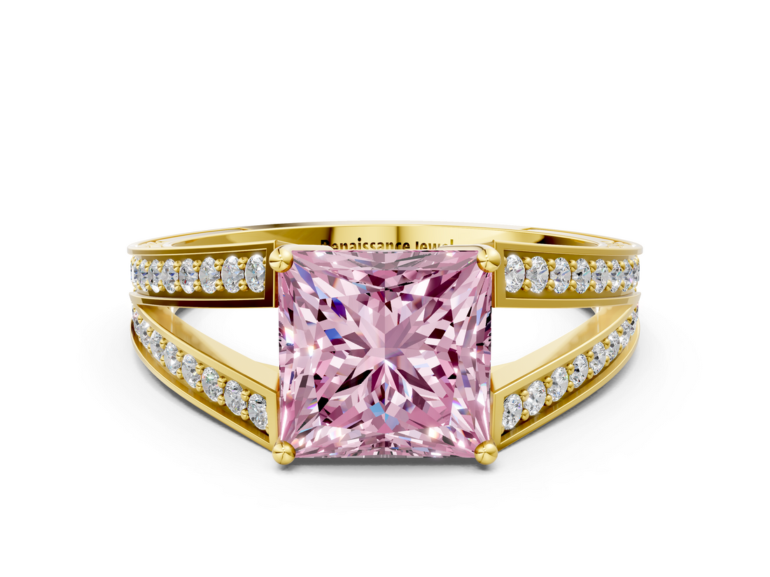 Yellow gold Fancy Pink Princess  Cut Split Shank Pave Diamond Ring with Four-Prong Setting