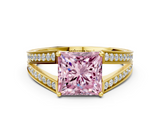 Yellow gold Fancy Pink Princess  Cut Split Shank Pave Diamond Ring with Four-Prong Setting