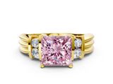 Yellow gold Fancy Pink Princess  Cut Three-Stone Channel Set Ring with Bar Prongs