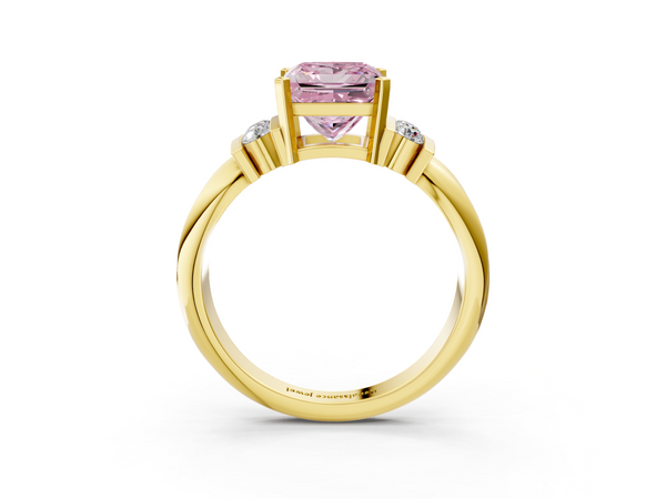 Yellow gold Fancy Pink Princess  Cut Three-Stone Channel Set Ring with Bar Prongs