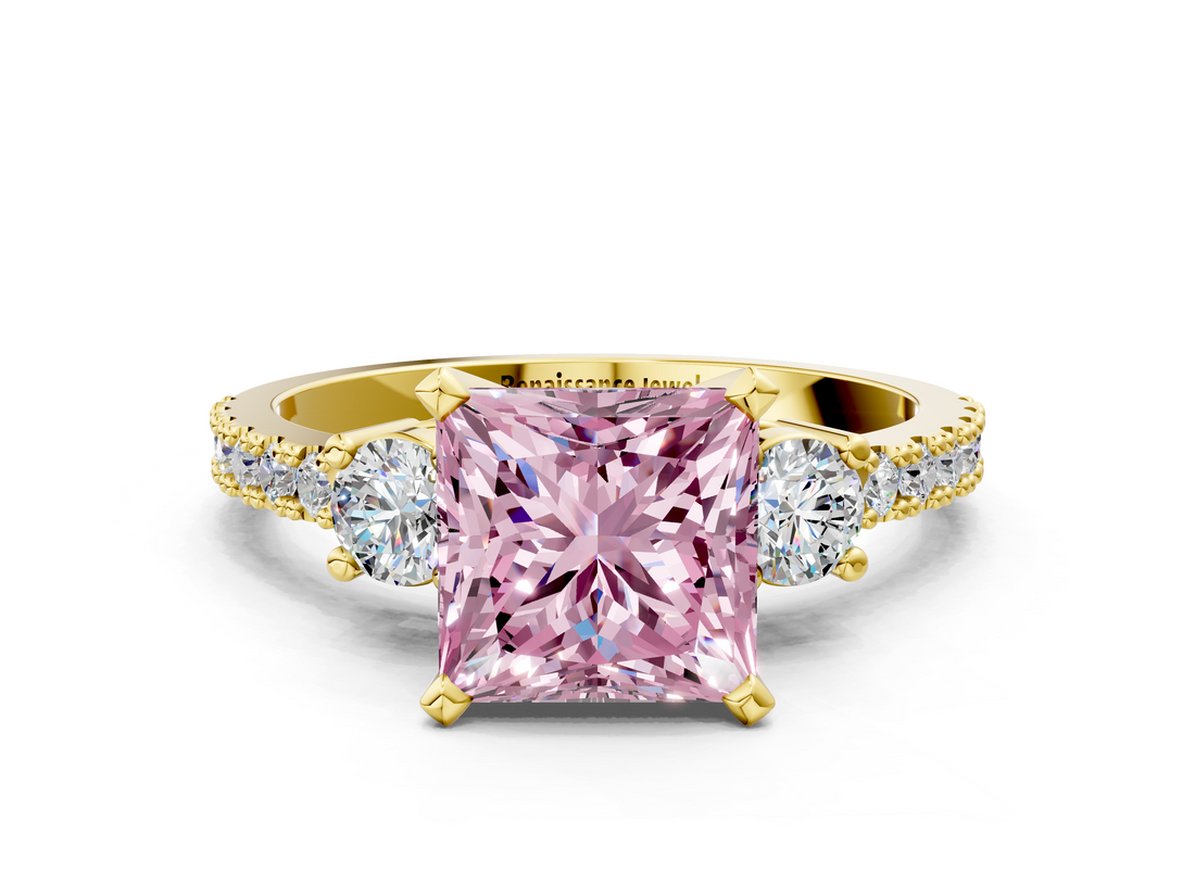 Yellow gold Fancy Pink Princess  Cut Three-Stone Diamond Pavé Band with Prong Setting