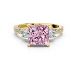 Yellow gold Fancy Pink Princess  Cut Three-Stone Diamond Pavé Band with Prong Setting