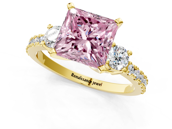 Yellow gold Fancy Pink Princess  Cut Three-Stone Diamond Pavé Band with Prong Setting