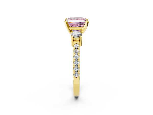Yellow gold Fancy Pink Princess  Cut Three-Stone Diamond Pavé Band with Prong Setting