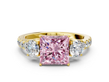 Yellow gold Fancy Pink Princess  Cut Three-Stone Diamond Pave Band with Prong Setting_16