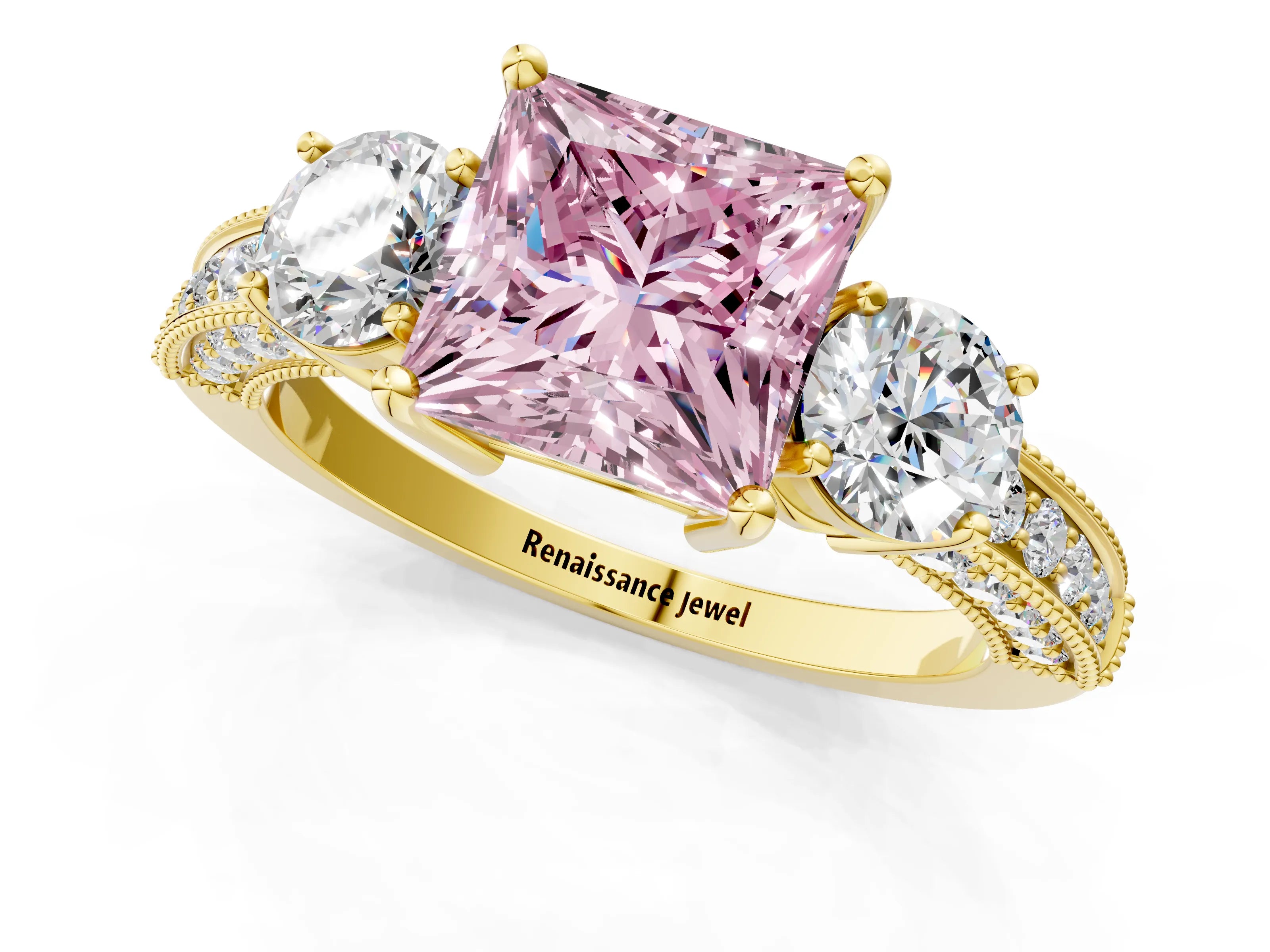 Yellow gold Fancy Pink Princess Cut Three-Stone Diamond Ring with Pavé Band and Four-Prong Setting_1