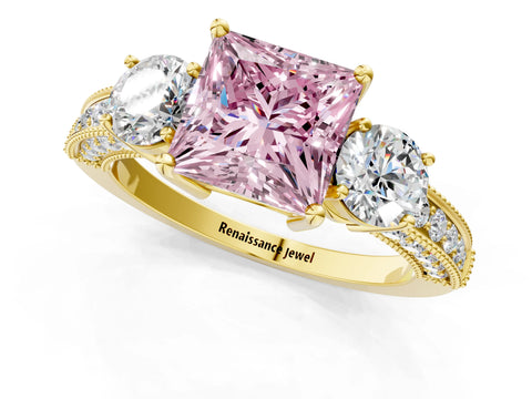 Yellow gold Fancy Pink Princess Cut Three-Stone Diamond Ring with Pavé Band and Four-Prong Setting_1