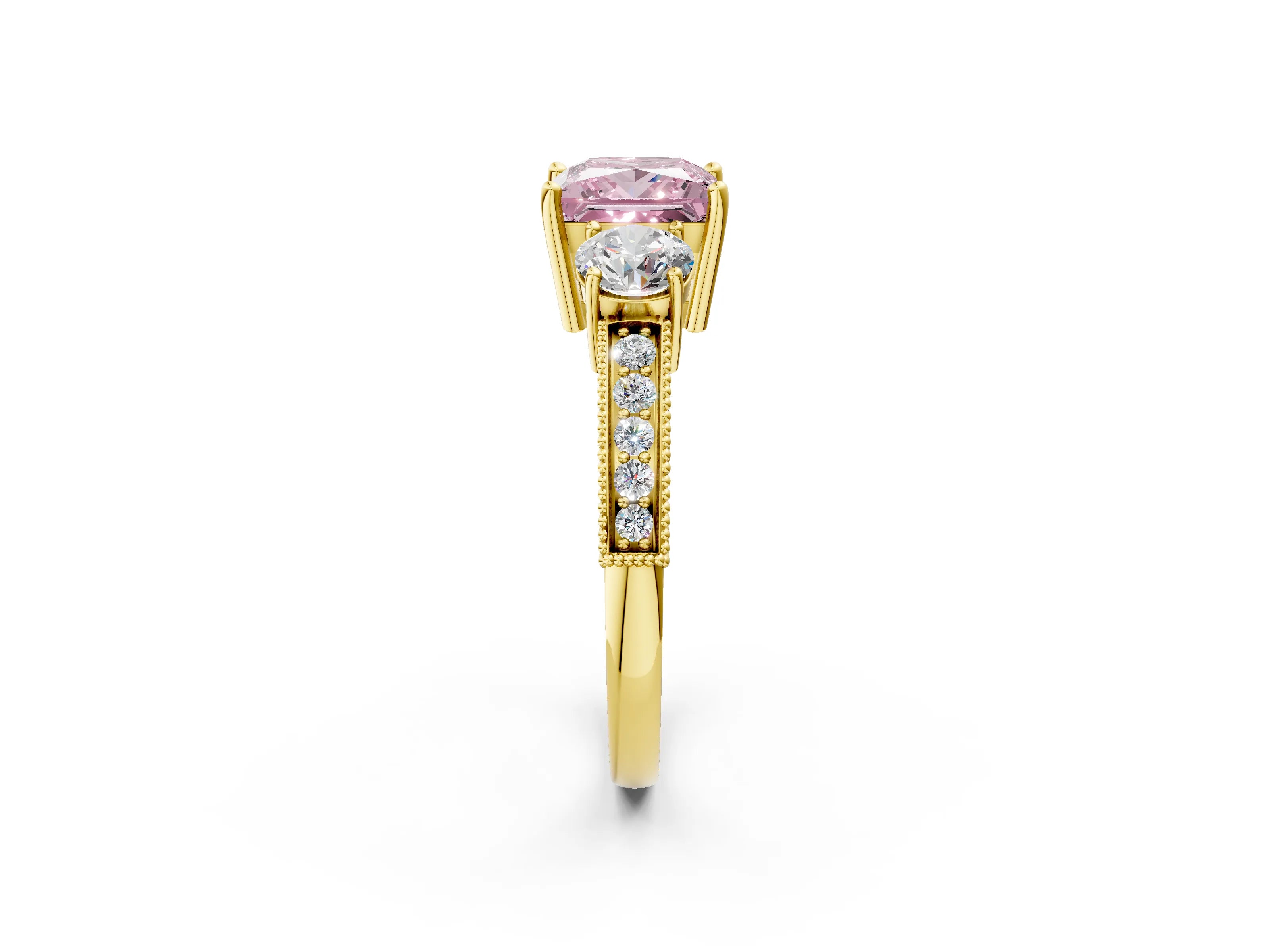 Yellow gold Fancy Pink Princess Cut Three-Stone Diamond Ring with Pavé Band and Four-Prong Setting_2