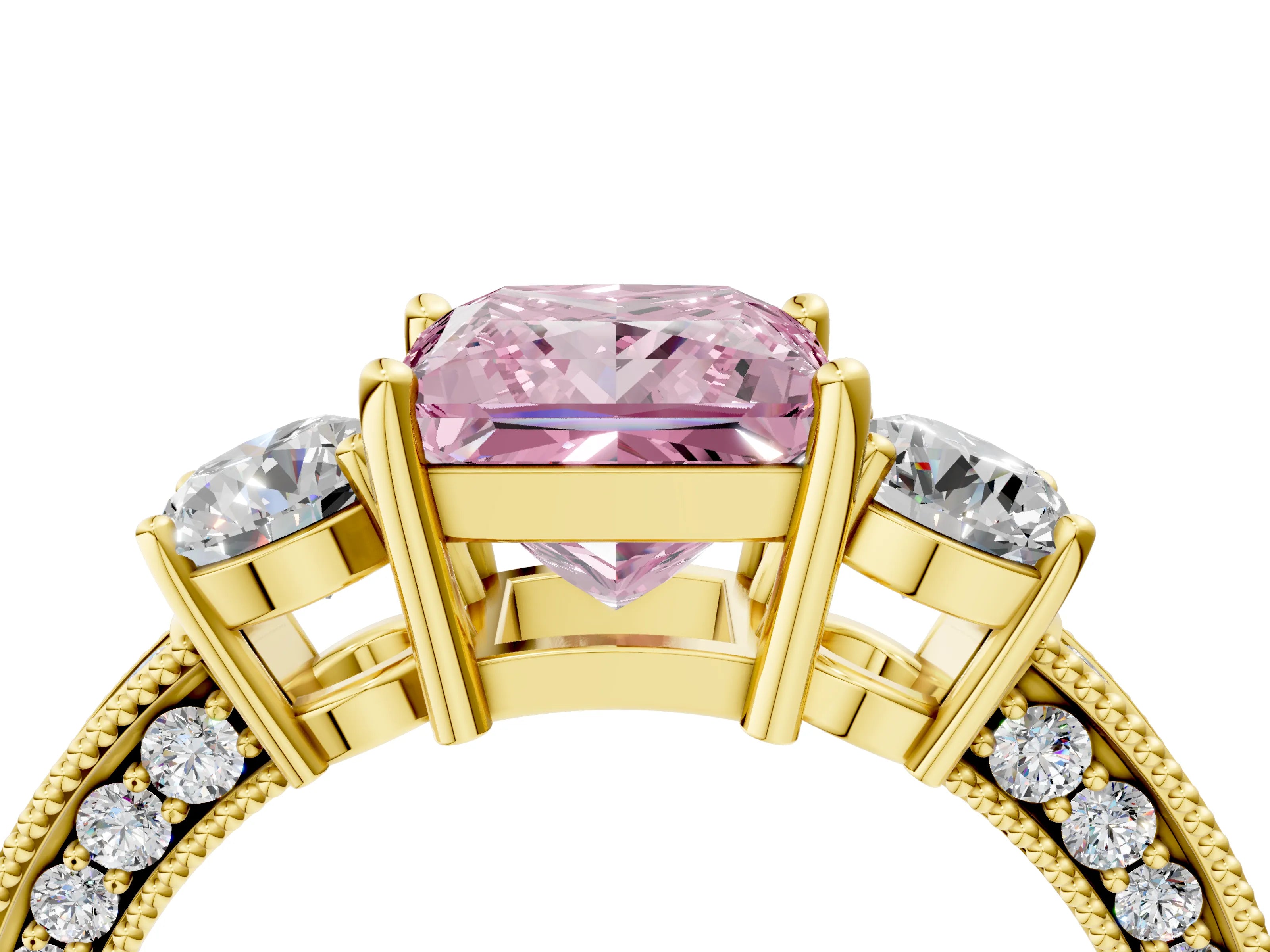 Yellow gold Fancy Pink Princess Cut Three-Stone Diamond Ring with Pavé Band and Four-Prong Setting_4